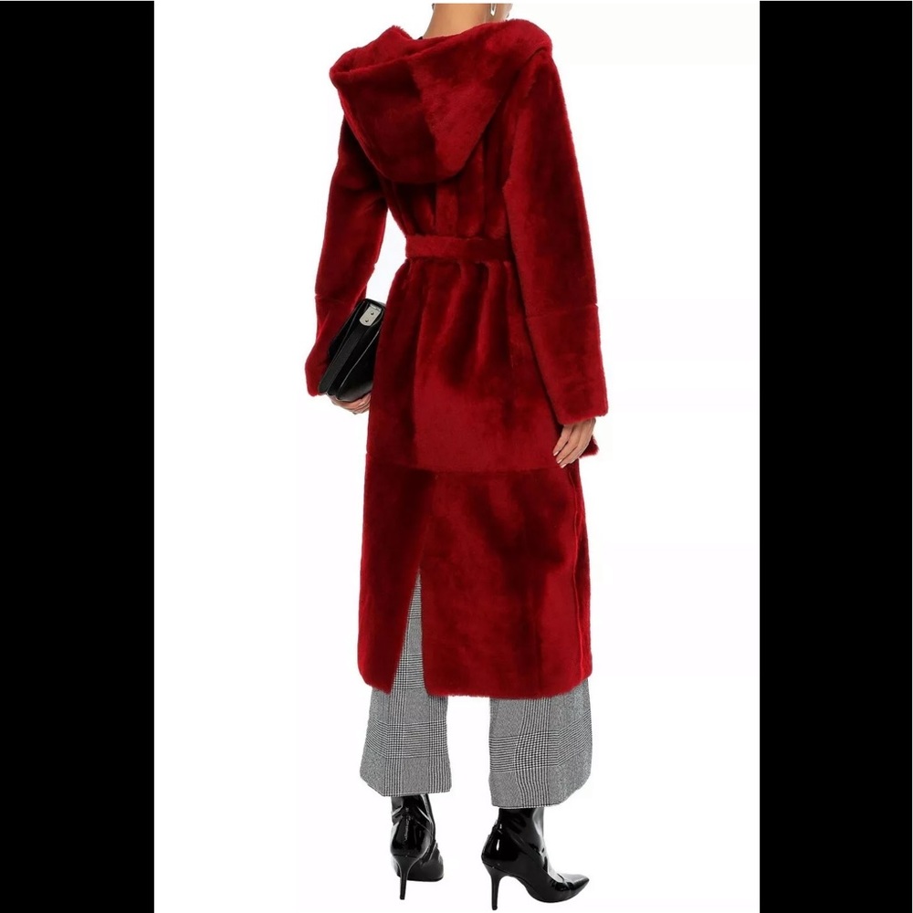 Yves Salomon fur shearling red trench coat hood M